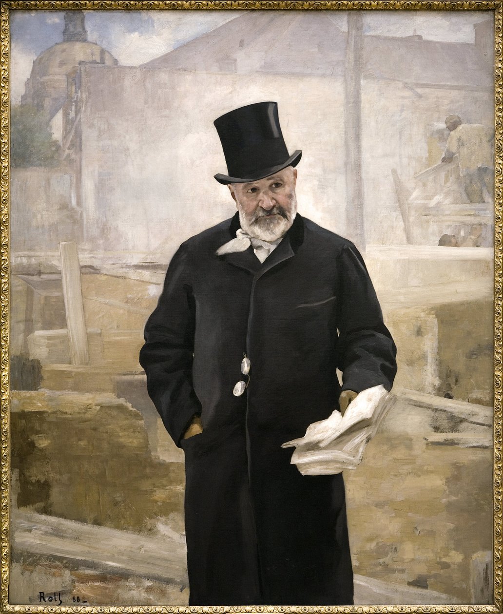 Portrett av Jean Charles Adolphe Alphand (1817-1891), samarbeidspartner av Baron Haussmann, veileder for offentlige arbeider, utforming av grønne områder i Paris, direktør for verkene til verdensutstillingen i 1889, Oljemaleri på lerret av Alfred Roll (184 av Alfred Roll