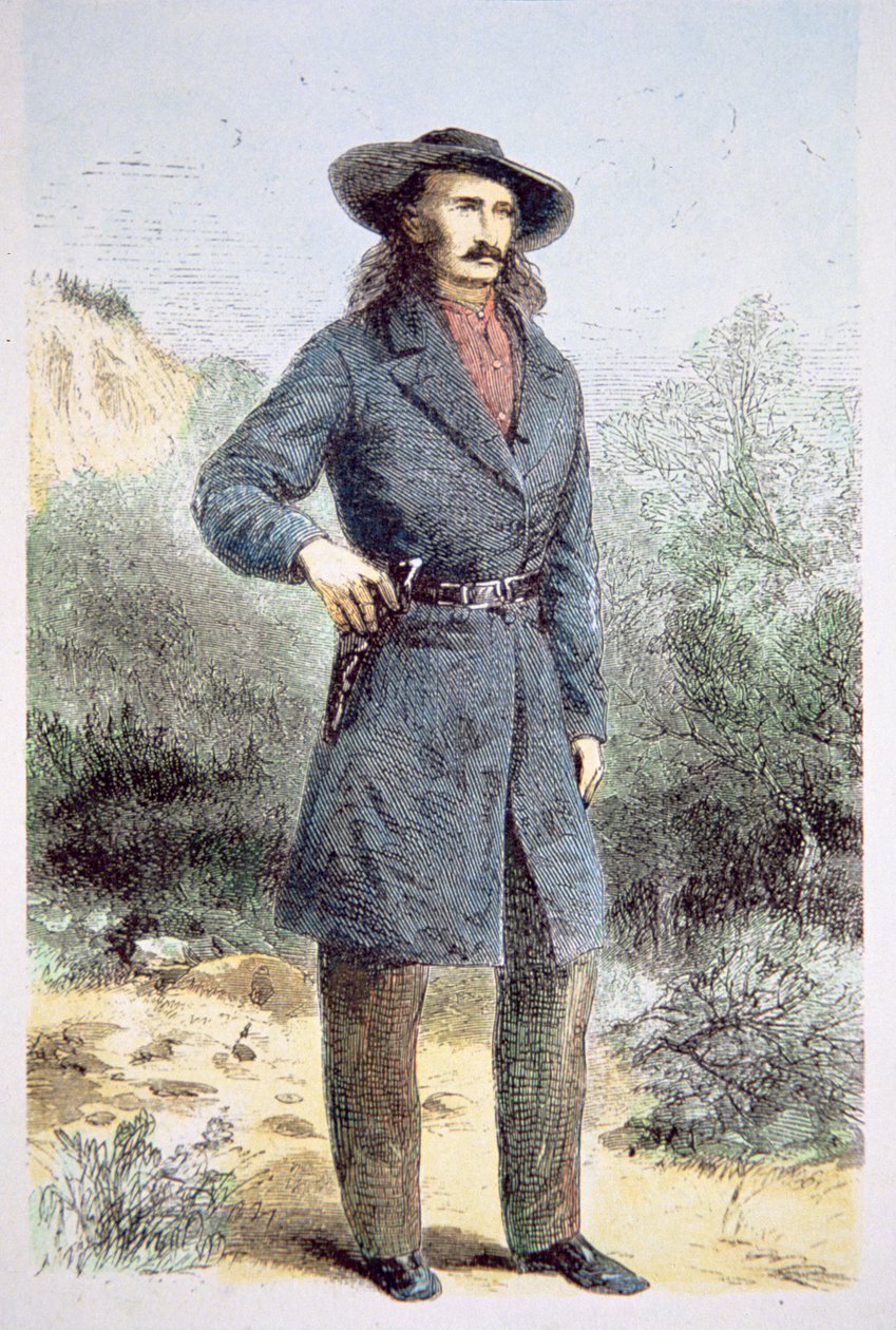 Det første publiserte bildet av 'Wild Bill' Hickok (1837-76) trykt i 'Harper's' magazine, februar 1867 (farge litho) av Alfred Rudolph (after) Waud