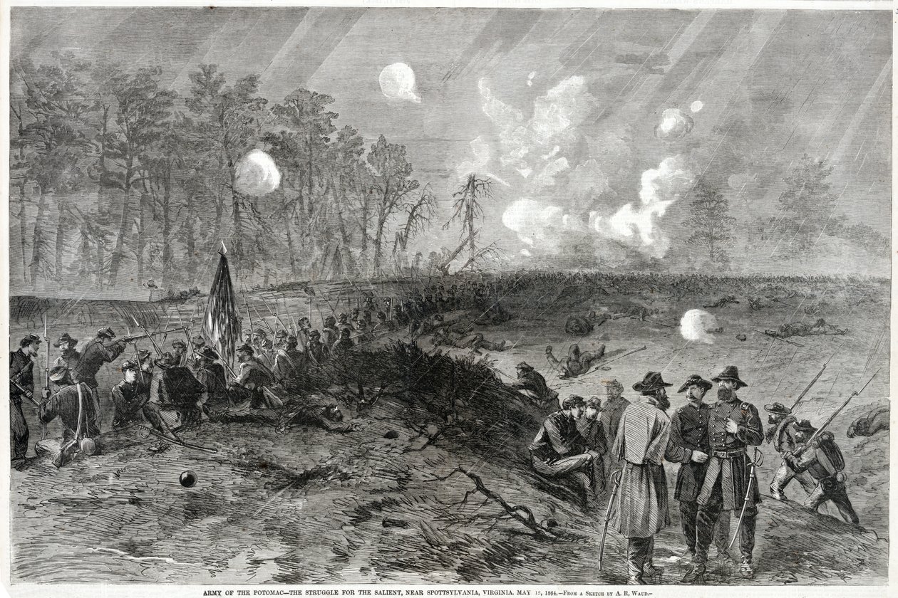 Army of the Potomac - Kampen for de fremtredende, nær Spottsylvania, Virginia. 12. mai 1864, fra Harpers Weekly, pub. 1864 av Alfred Rudolph Waud