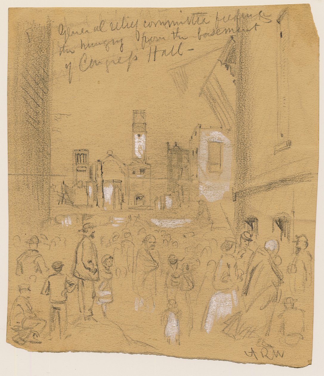 General Relief Committee Feeding the Hungry fra kjelleren i kongresshallen under Chicago-brannen i 1871 (blyant og kritt på papir) av Alfred Rudolph Waud