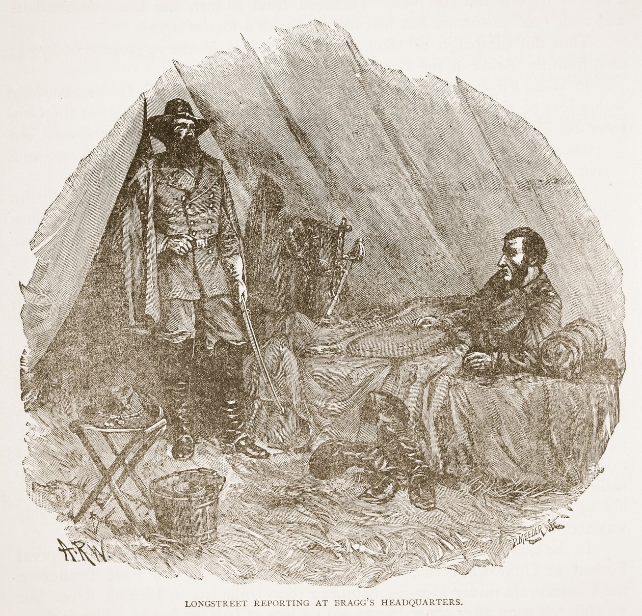 Longstreet Reporting ved Braggs hovedkvarter, fra en bokpub. 1896 av Alfred Rudolph Waud