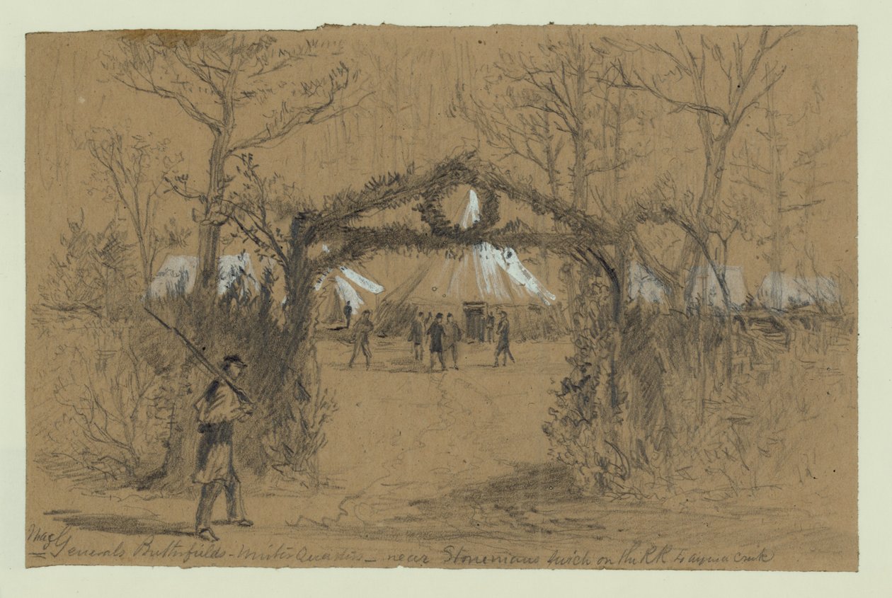 Maj General Butterfields vinterkvartaler-nær Stonemans bryter på R.R. til Aquia Creek av Alfred Rudolph Waud