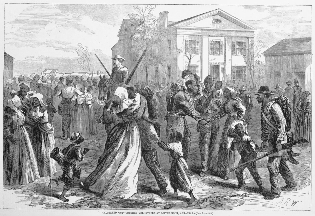 Mustered Out Colored frivillige på Little Rock, Arkansas, fra Harpers Weekly, pub. 1866 av Alfred Rudolph Waud