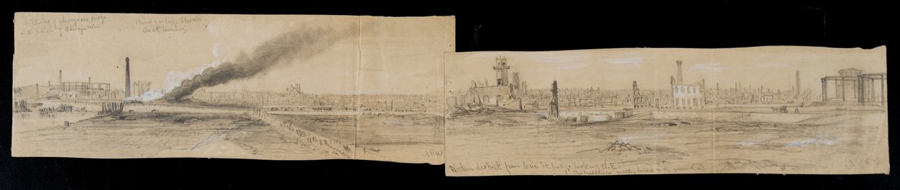 Det nordlige distriktet fra Erie Street Bridge, med utsikt mot øst, under Chicago-brannen i 1871 (blyant og kritt på papir) av Alfred Rudolph Waud
