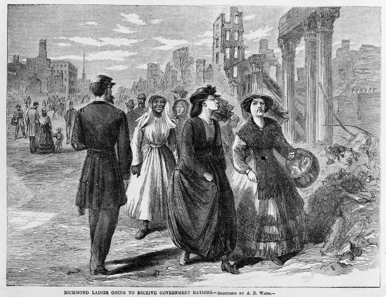 Richmond Ladies kommer til å motta regjeringsrasjoner, utgitt 1865 av Alfred Rudolph Waud