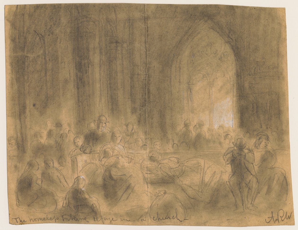 De hjemløse søker tilflukt i en kirke under Chicago-brannen i 1871 av Alfred Rudolph Waud