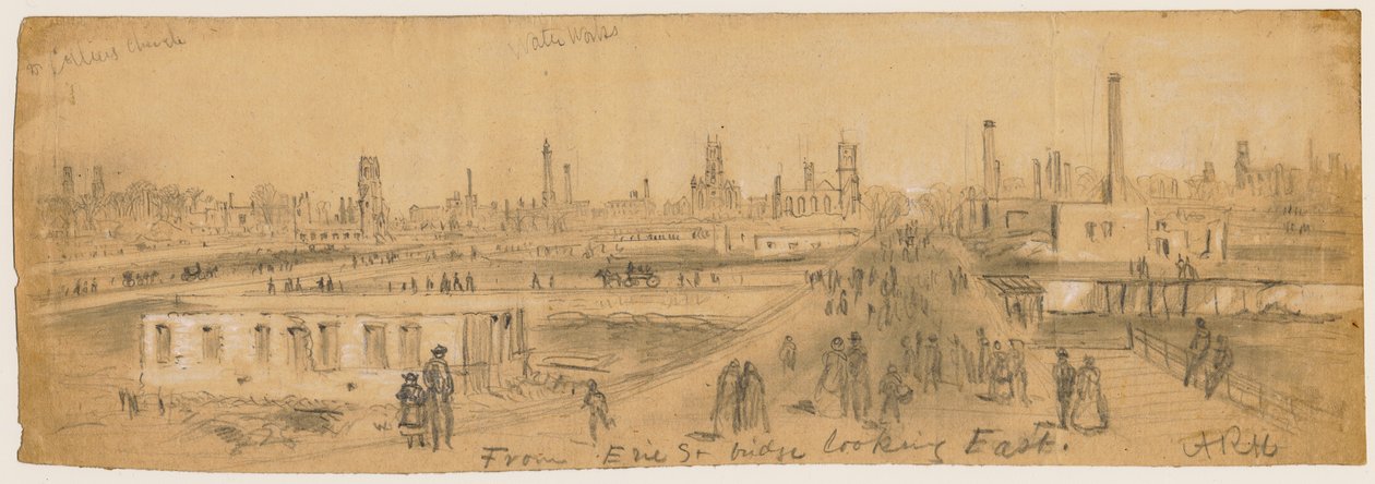 Utsikt fra Erie Street Bridge mot øst under Chicago-brannen i 1871 av Alfred Rudolph Waud