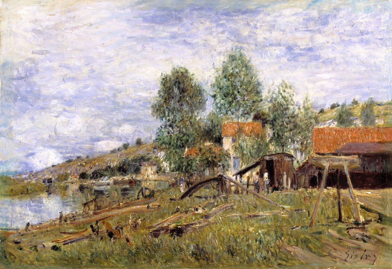 Båtgård i Saint-Mammes av Alfred Sisley