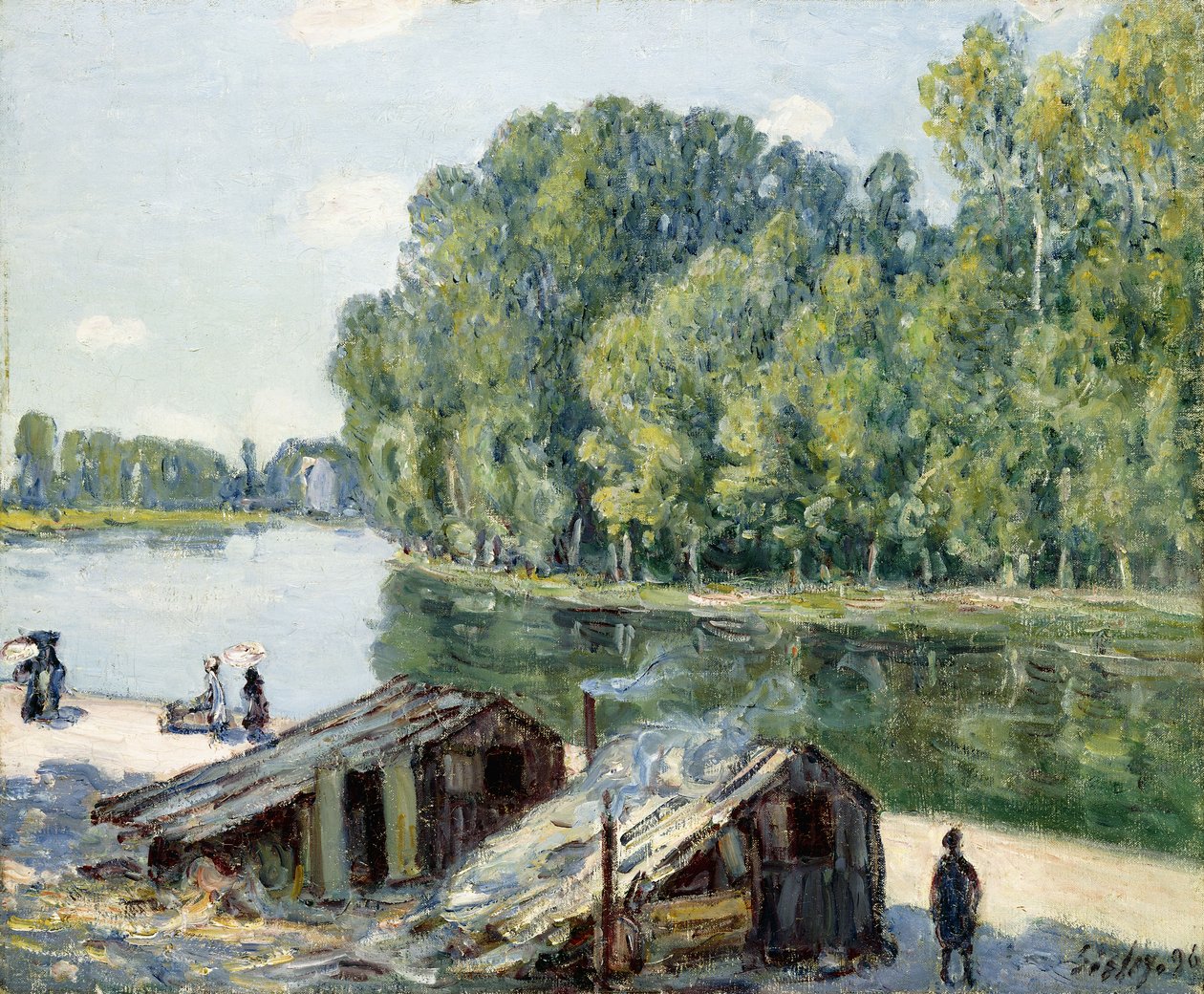 Hytter langs Canal du Loing, effekt av sollys, 1896 av Alfred Sisley