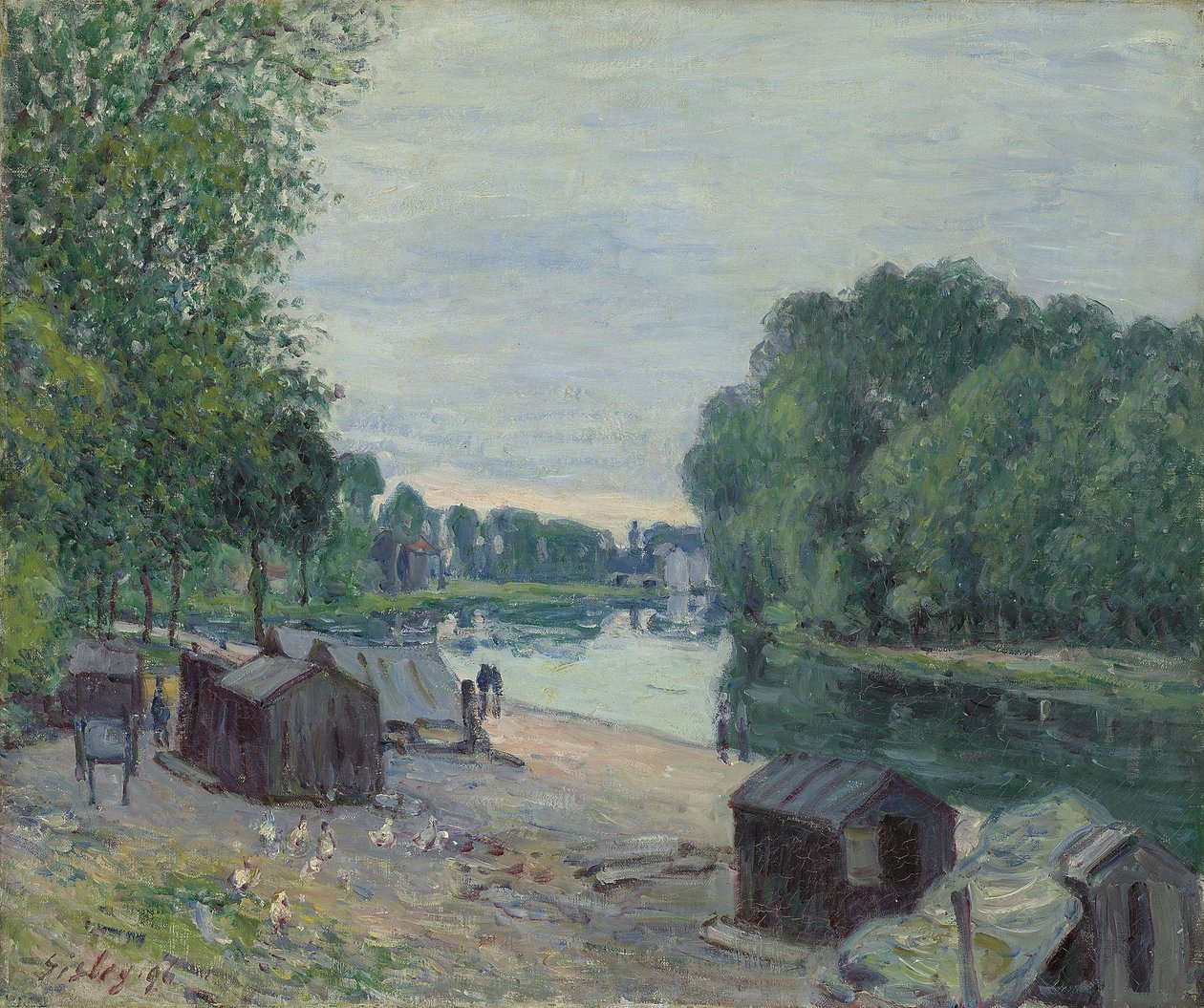 Hytter på kanten av Loing; Cabanes au bord du Loing, 1896 av Alfred Sisley