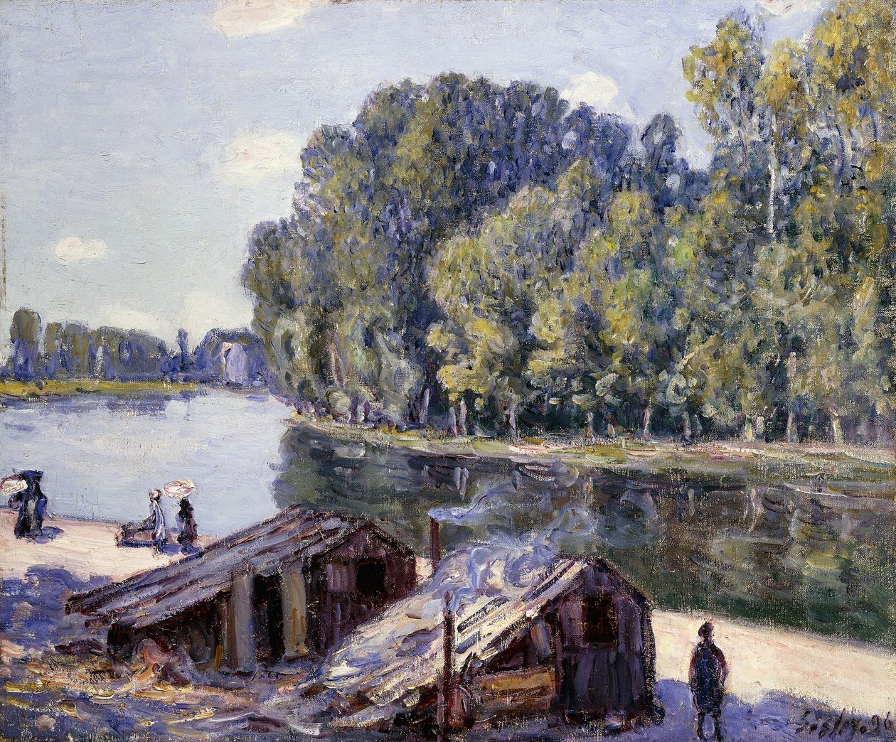 Hytter på kanten av Canal du Loing med sol som skinner; Hytter på kanten av Canal du Loing-Sun-effekten av Alfred Sisley