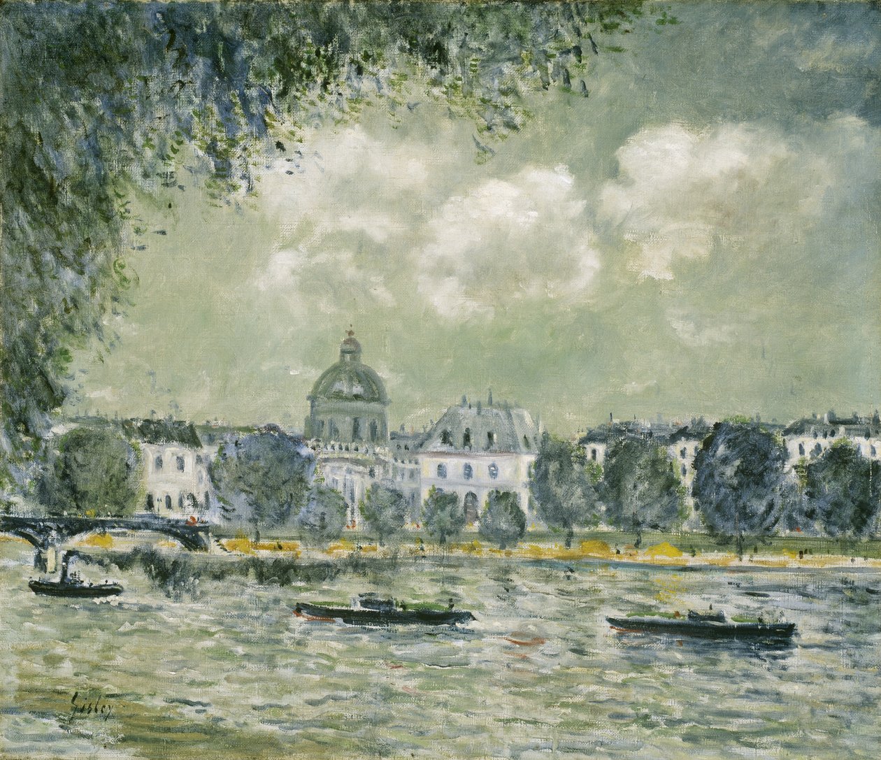 Landskap langs Seinen med Institut de France og Pont des Arts, ca. 1875 av Alfred Sisley