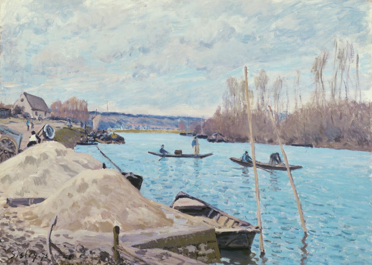 Seinen ved Port-Marly, hauger av sand, 1875. av Alfred Sisley