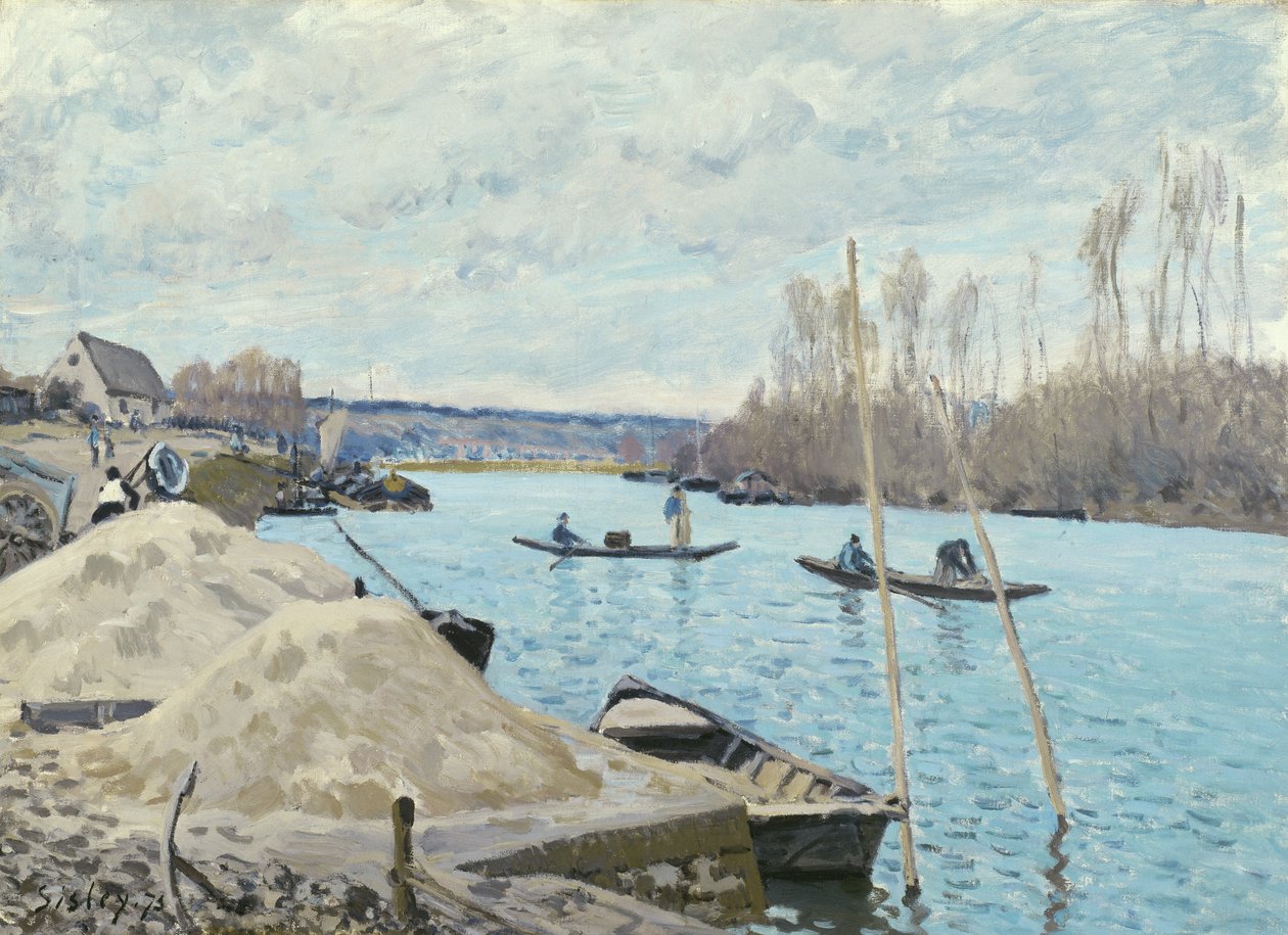 Seinen ved Port-Marly, hauger av sand, 1875 av Alfred Sisley
