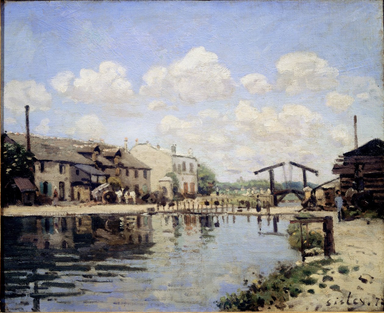 Utsikt over St Martin-kanalen i 1872. Utsikt over slusen - olje på lerret av Alfred Sisley