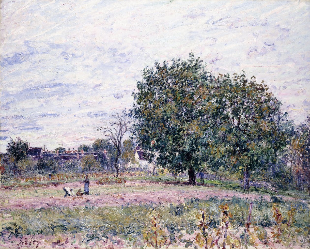 Valnøtttrær, effekten av solnedgangen - første dag i oktober, 1882 av Alfred Sisley