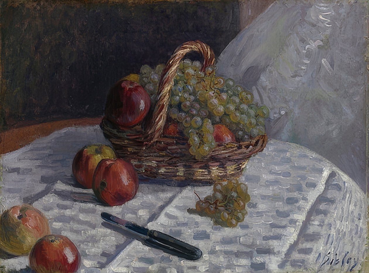 Epler og druer i en kurv. Rundt 1880-81 av Alfred Sisley