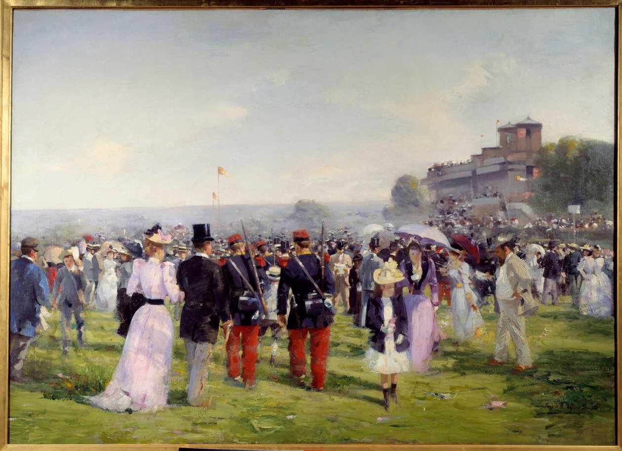 Slutt på løp ved Auteuil Painting av Alfred Smith (1853-1936) 1893 Søn. 1,09x1,5 m Paris, Musee Carnavalet OBS! Bruk av dette verket kan være underlagt en tredjeparts autorisasjonsforespørsel eller tilleggsgebyrer av Alfred Smith
