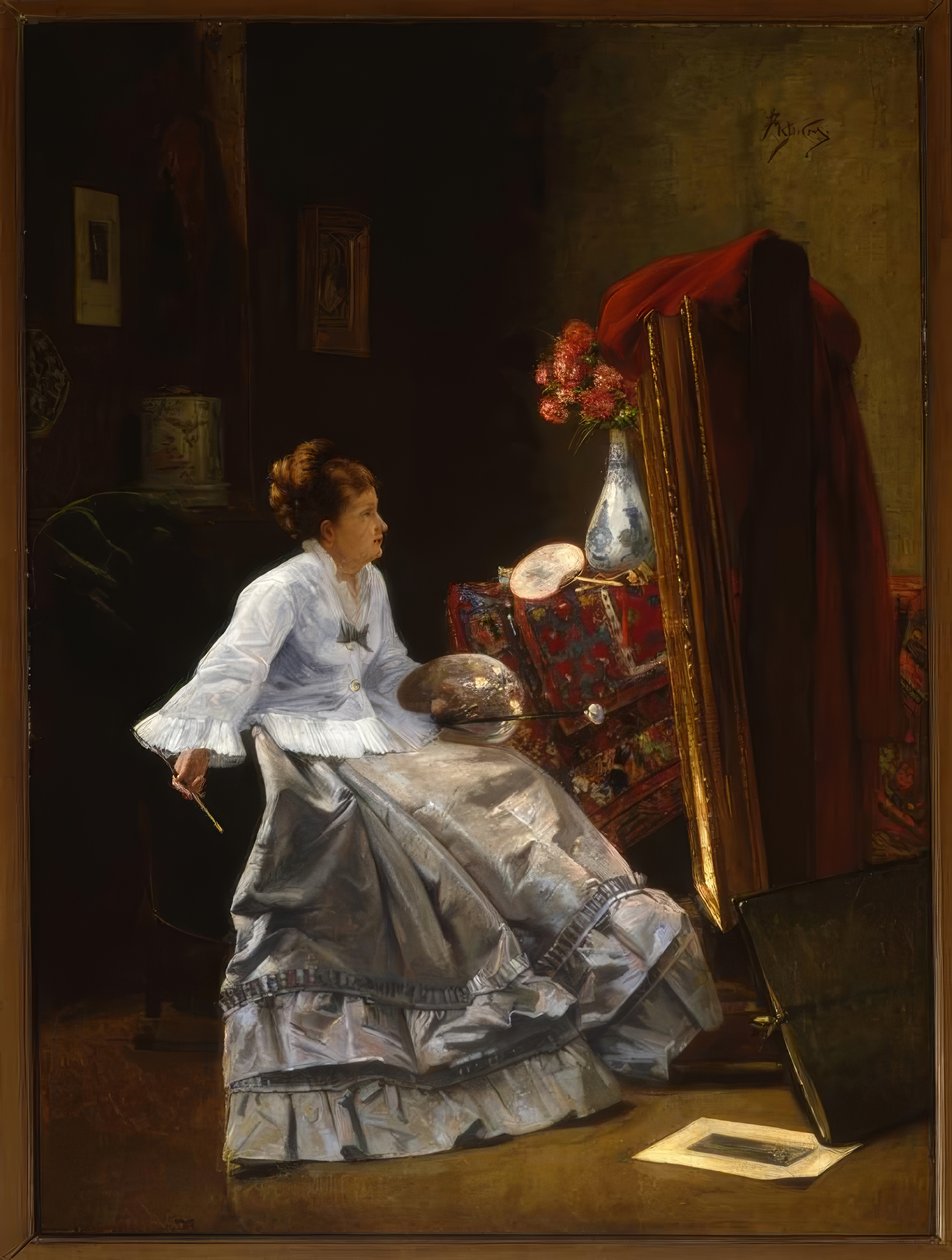 Tilskrevet A.Stevens, Lady at her Easel / Painting av Alfred Emile Stevens