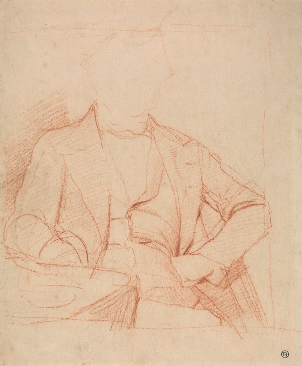 Studie for Portrait of Mr. Coleman: sittende foran, venstre hånd på hoften, høyre arm på bordet av Alfred Emile Stevens