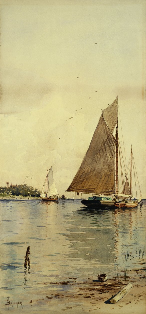 Tørking av seilene, Oyster Boats, Patchogue, Long Island, av Alfred Thompson Bricher