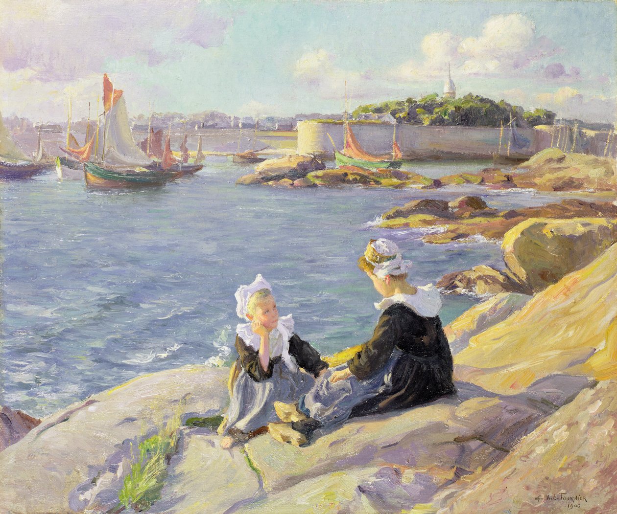 Bretonske jenter ved havnen, Concarneau av Alfred Victor Fournier