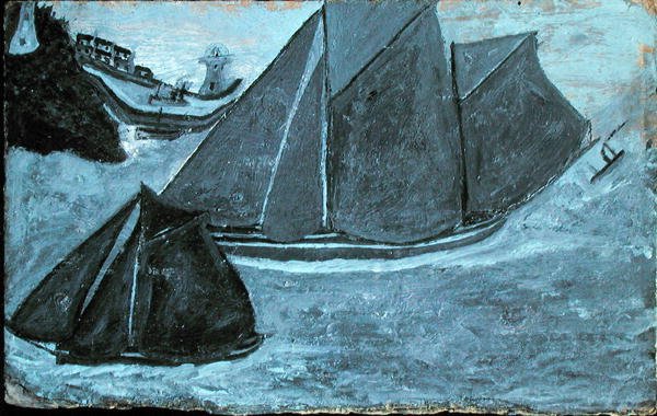 Båter utenfor havnen (olje på kort lagt om bord) av Alfred Wallis