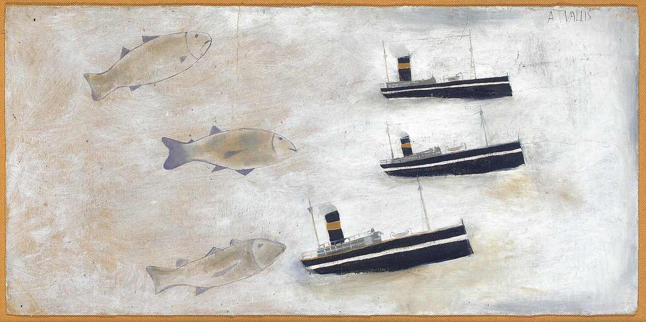 Fisk og trålere (blyant og olje på kort) av Alfred Wallis