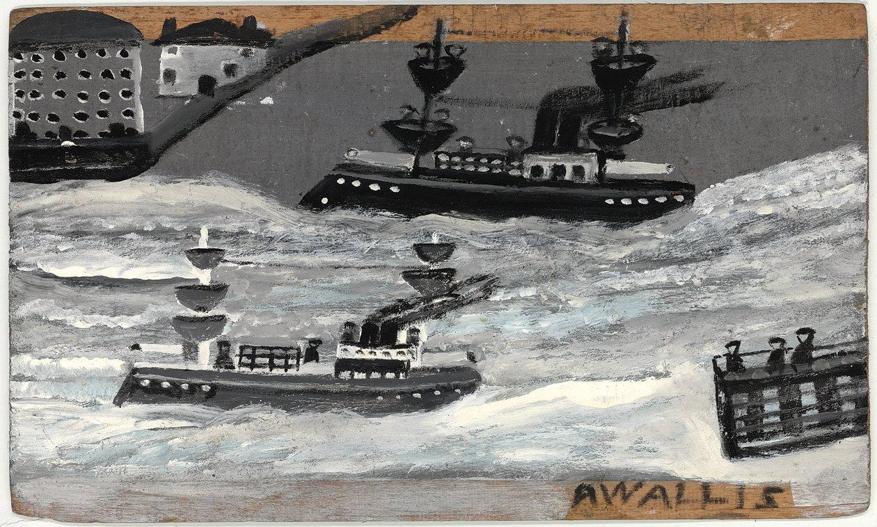 Kanonbåter i krigstid (olje på panel) (se også 1074079) av Alfred Wallis