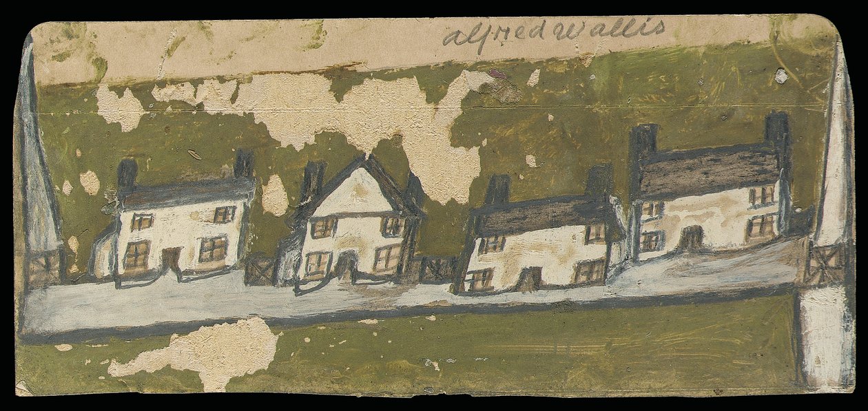 Rad med fire hytter (olje og blyant på kort) av Alfred Wallis