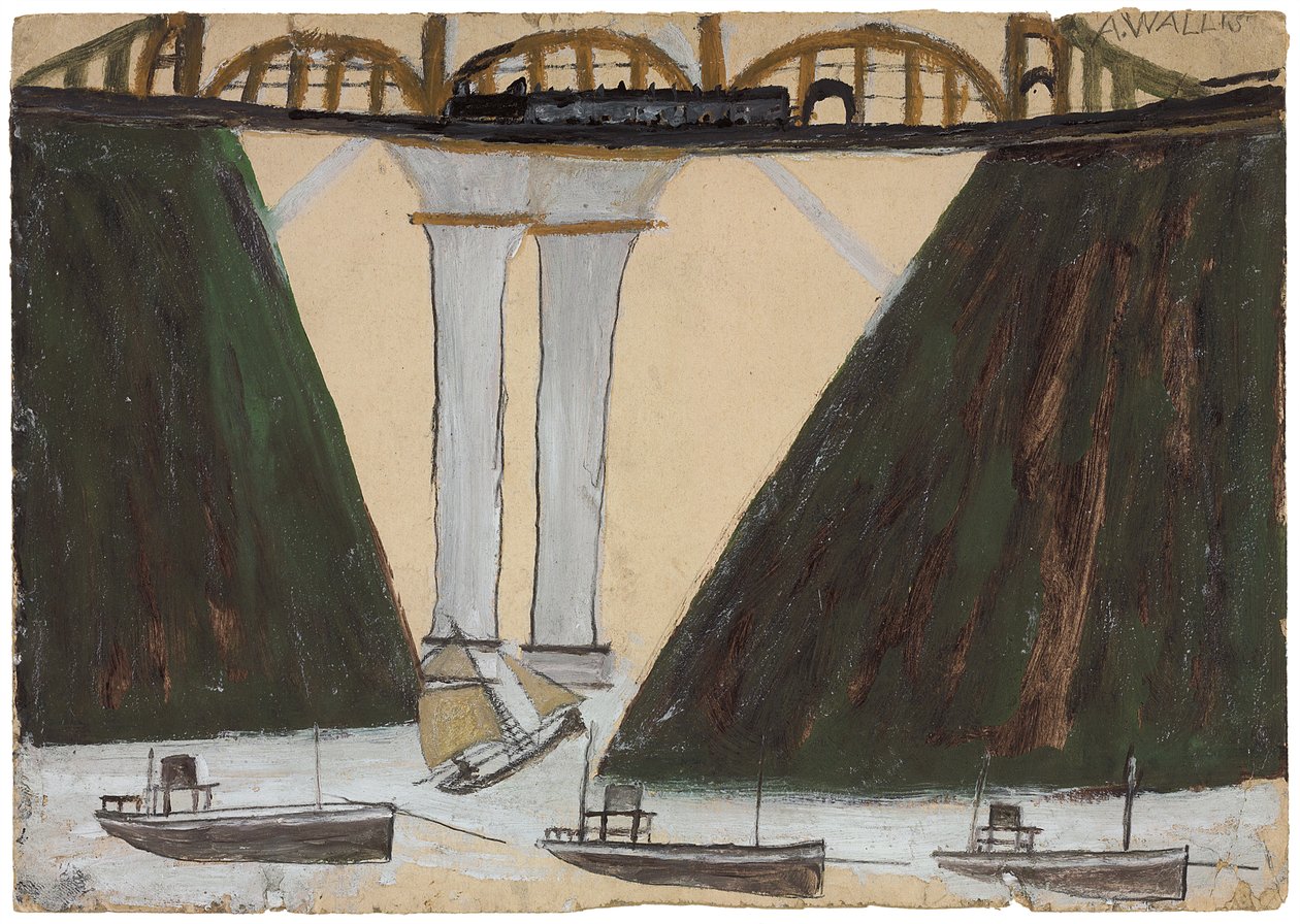 Saltash Bridge, ca. 1930 (blyant og olje på kort) av Alfred Wallis