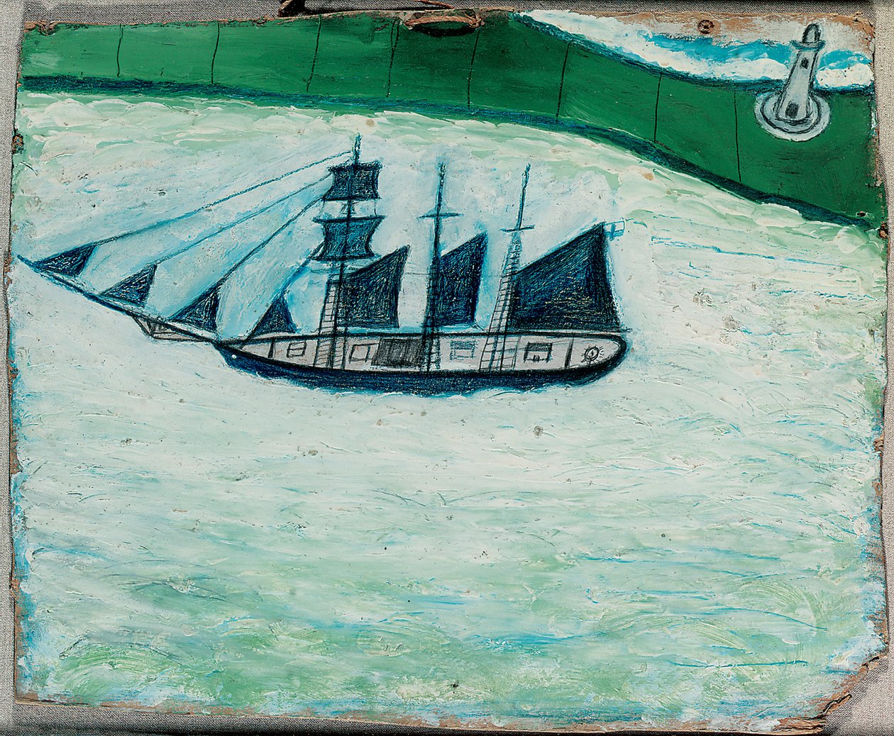 Skip og fyr, ca. 1925 (olje om bord) av Alfred Wallis