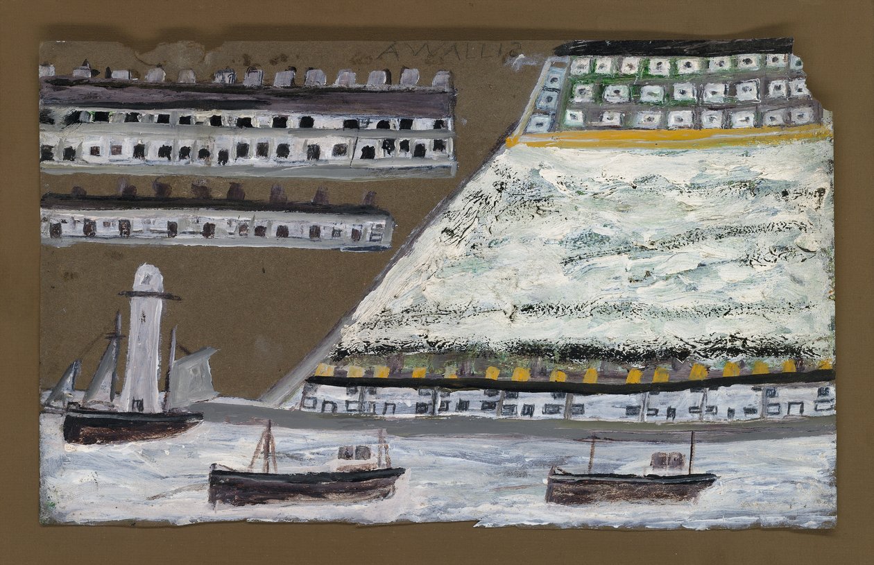 Skip og fyr, hus (blyant og olje på papir) av Alfred Wallis