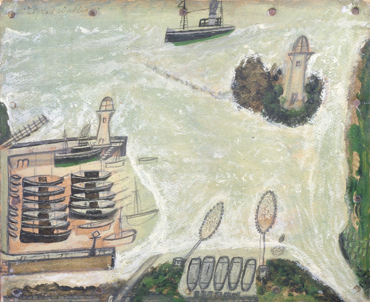 St. Ives havn og Godrevy fyrtårn, ca. 1930 av Alfred Wallis