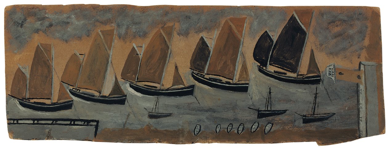 St. Ives havn med fem seilbåter (olje og blyant om bord) av Alfred Wallis