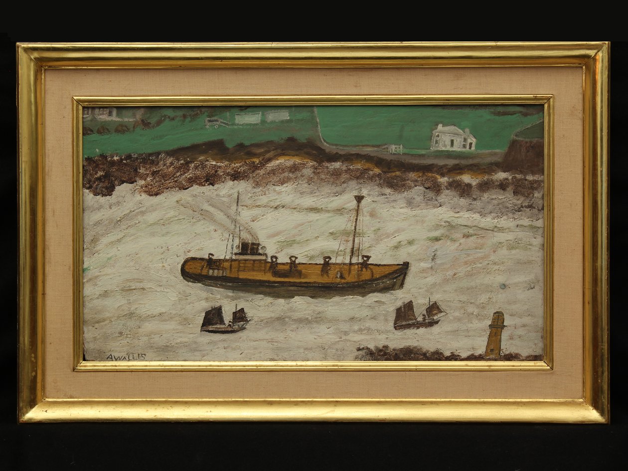 Tre båter mellom fyret og kysten, ca. 1930 (olje på kort) av Alfred Wallis