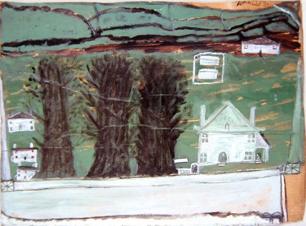 Tre trær, Det hvite hus i et landskap (olje på papp) av Alfred Wallis