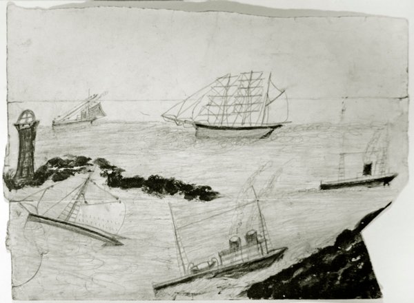 Tre seilskip, to dampskip og Godrevy fyrtårn, ca. 1935-38 (olje og blyant på kort) av Alfred Wallis