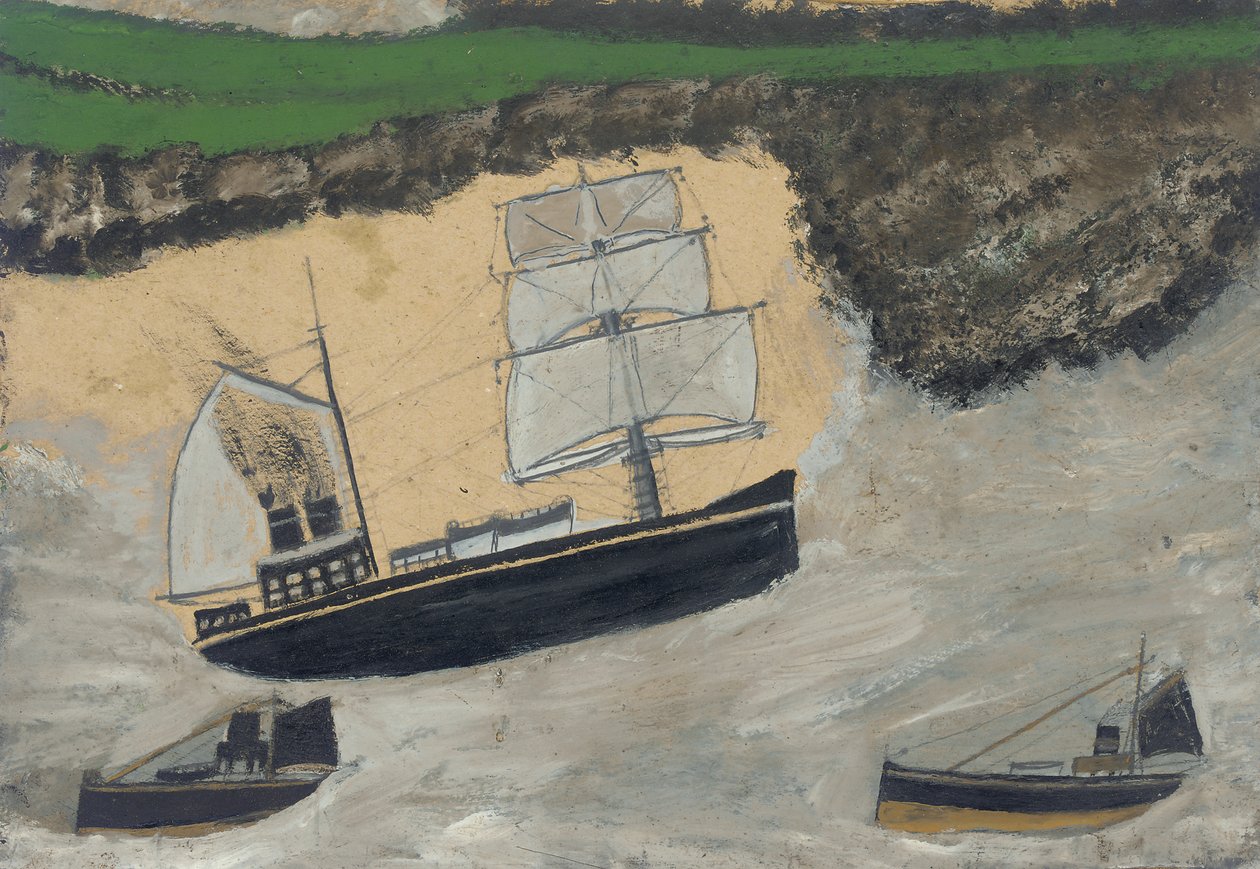 Tre dampbåter (olje og blyant om bord) av Alfred Wallis