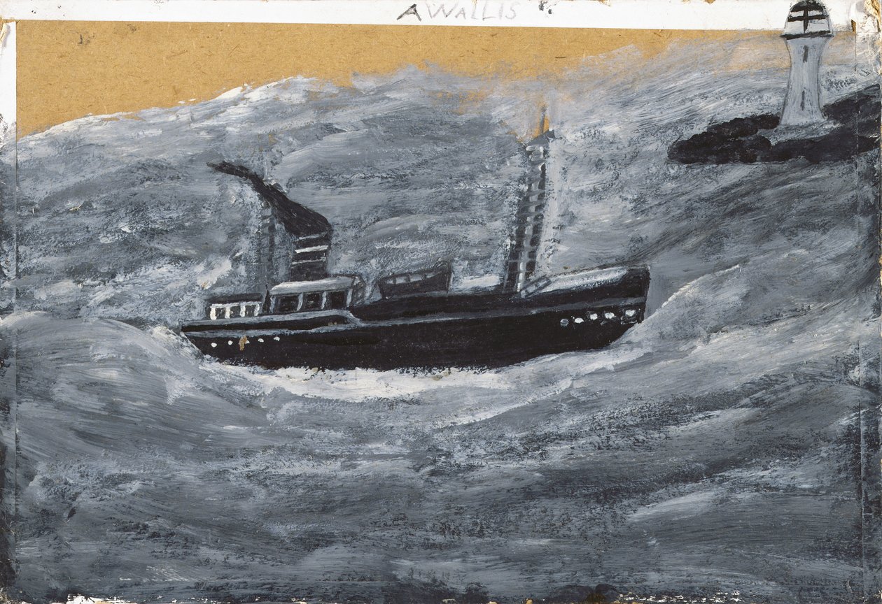 Tråler og brygge (olje på kort) av Alfred Wallis