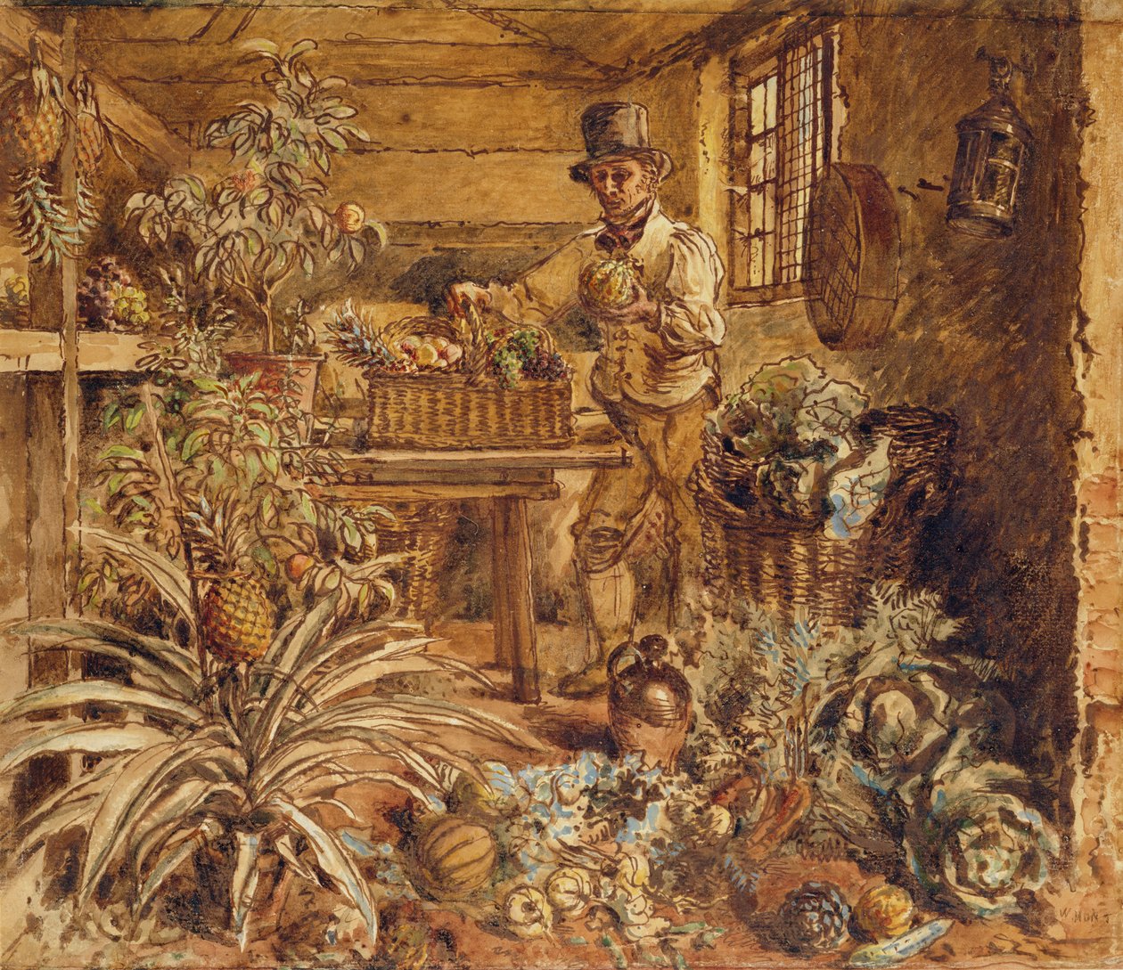 En gartner i et potteskur med ananas og forskjellige grønnsaker (penn, blekk og wc på papir) av Alfred William Hunt