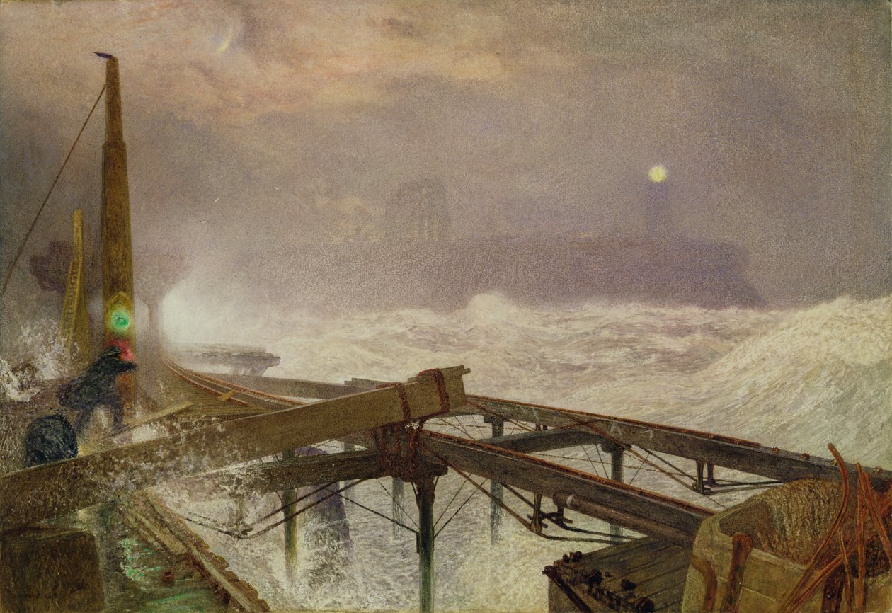 Blue Lights, Teignmouth Pier - Lighting the Lamps at Sunset, 1868 (wc, kroppsfarge og skrape ut på papir) av Alfred William Hunt