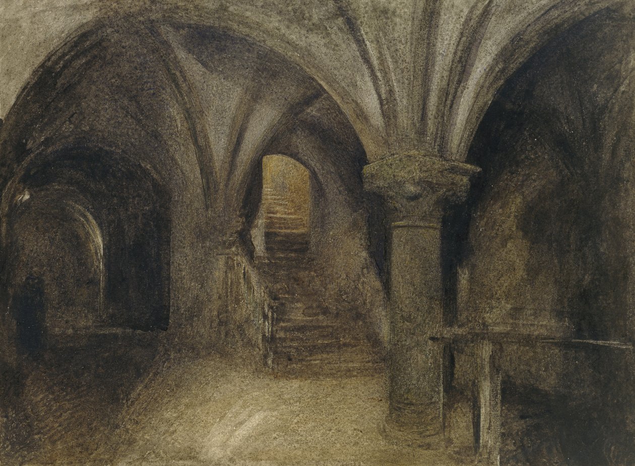 Le crypte de l'Aquilon, Mont St Michel, ca. 1876 (svart, hvit og brun kritt med litt blekk over grafitt) av Alfred William Hunt