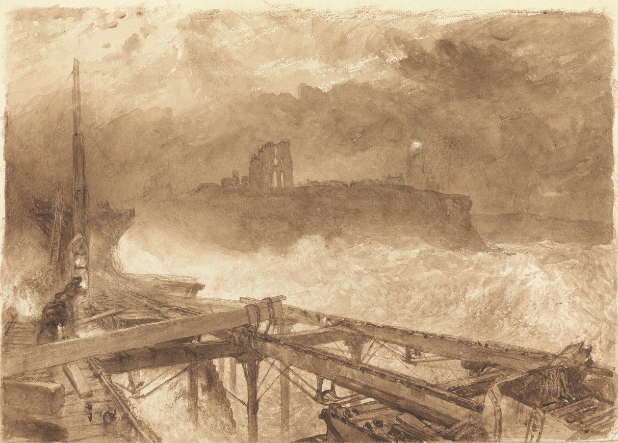 Studie for Tynemouth Pier - Tenning av lampene ved solnedgang av Alfred William Hunt