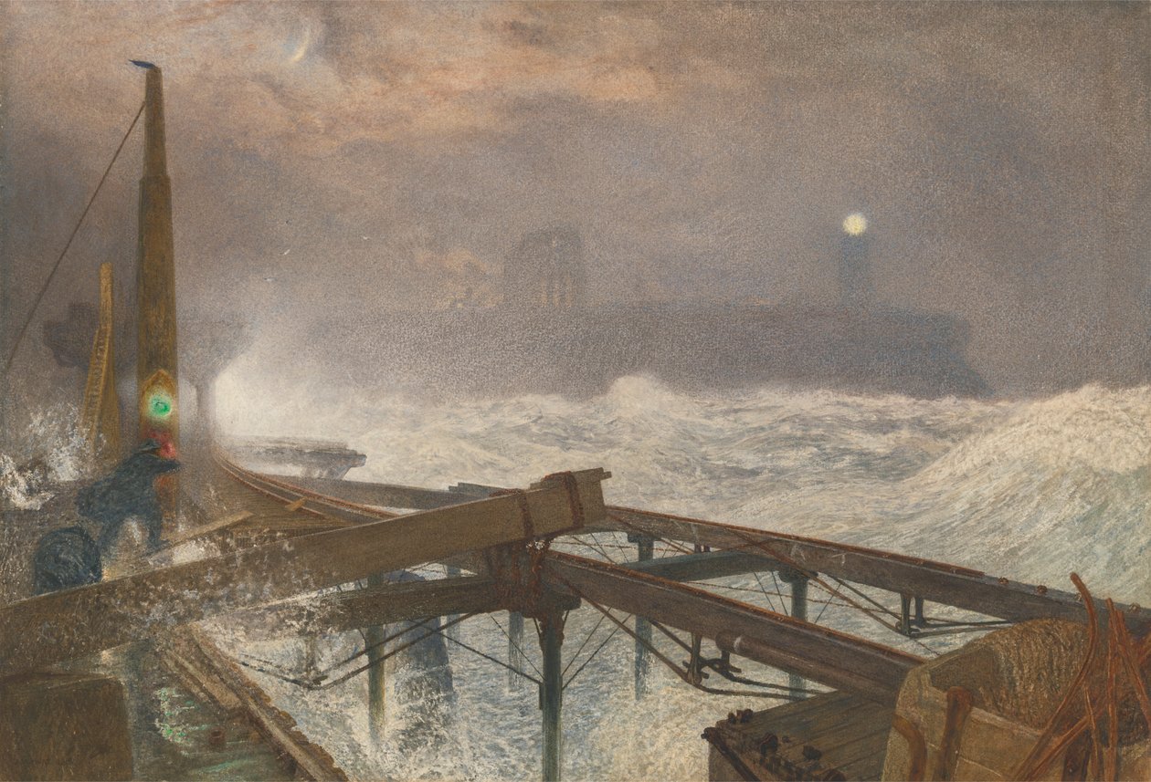 Tynemouth Pier - Tenning av lampene ved solnedgang av Alfred William Hunt