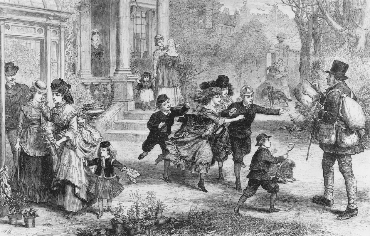 Valentinsdag, "Å! Her er postmannen!" (gravering) av Alfred William Hunt