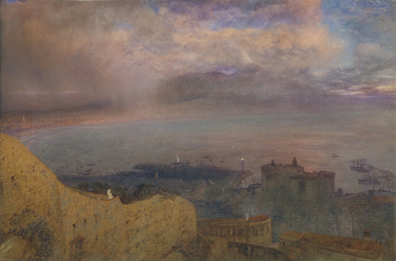 Utsikt over Napolibukten med Vesuv, Røyking, i avstandskvelden, 1871. av Alfred William Hunt