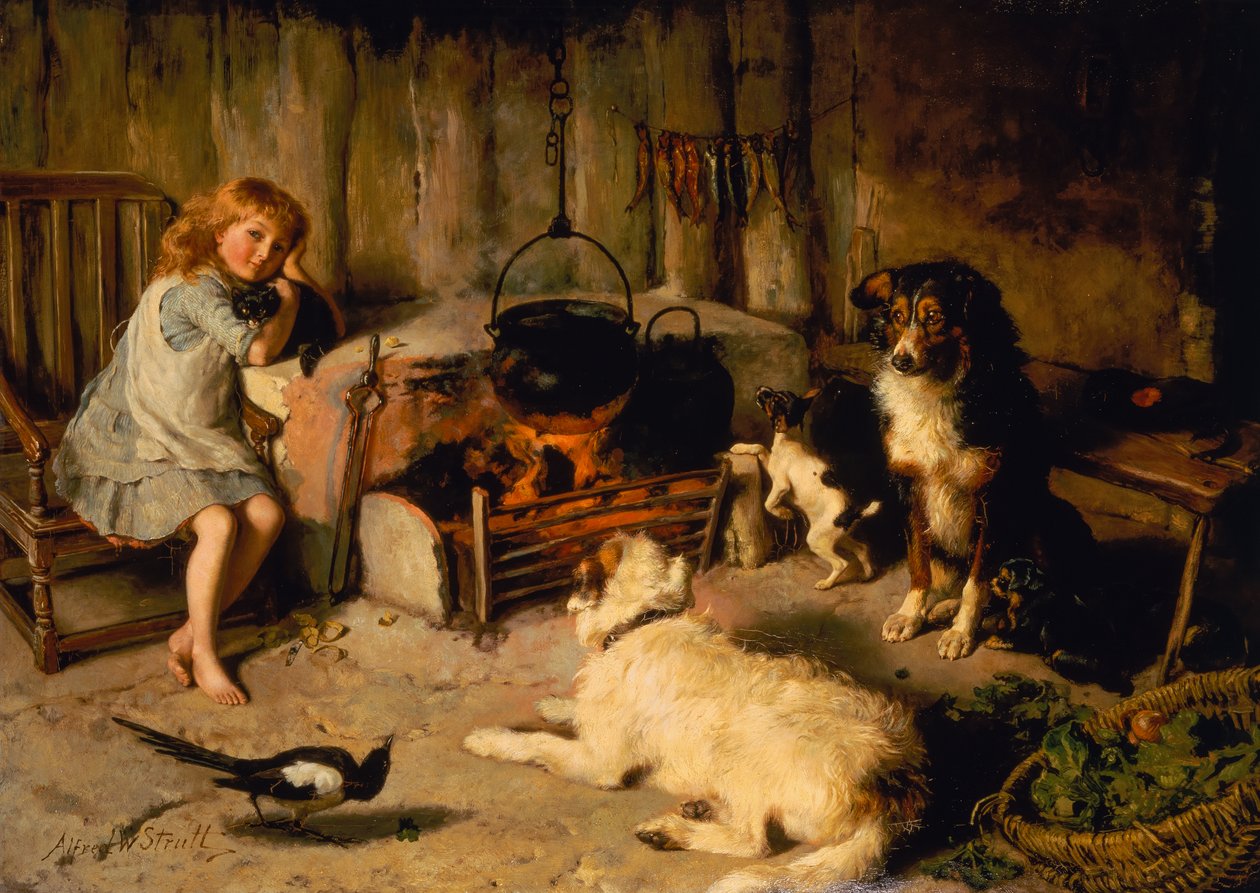 A Watched Pot Never Boils (olje på lerret) av Alfred William Strutt