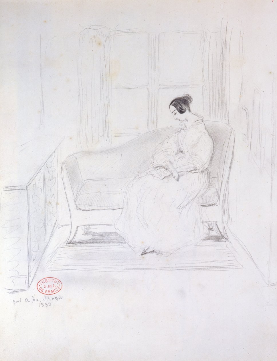 George Sand (1804-76), leste på en sofa ved siden av et vindu, 1833 av Alfred de Musset