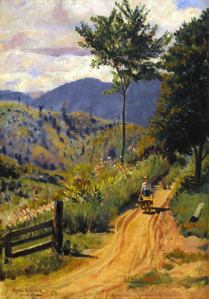 Landskap med en fjellkjede og en figur av Alfredo Andersen
